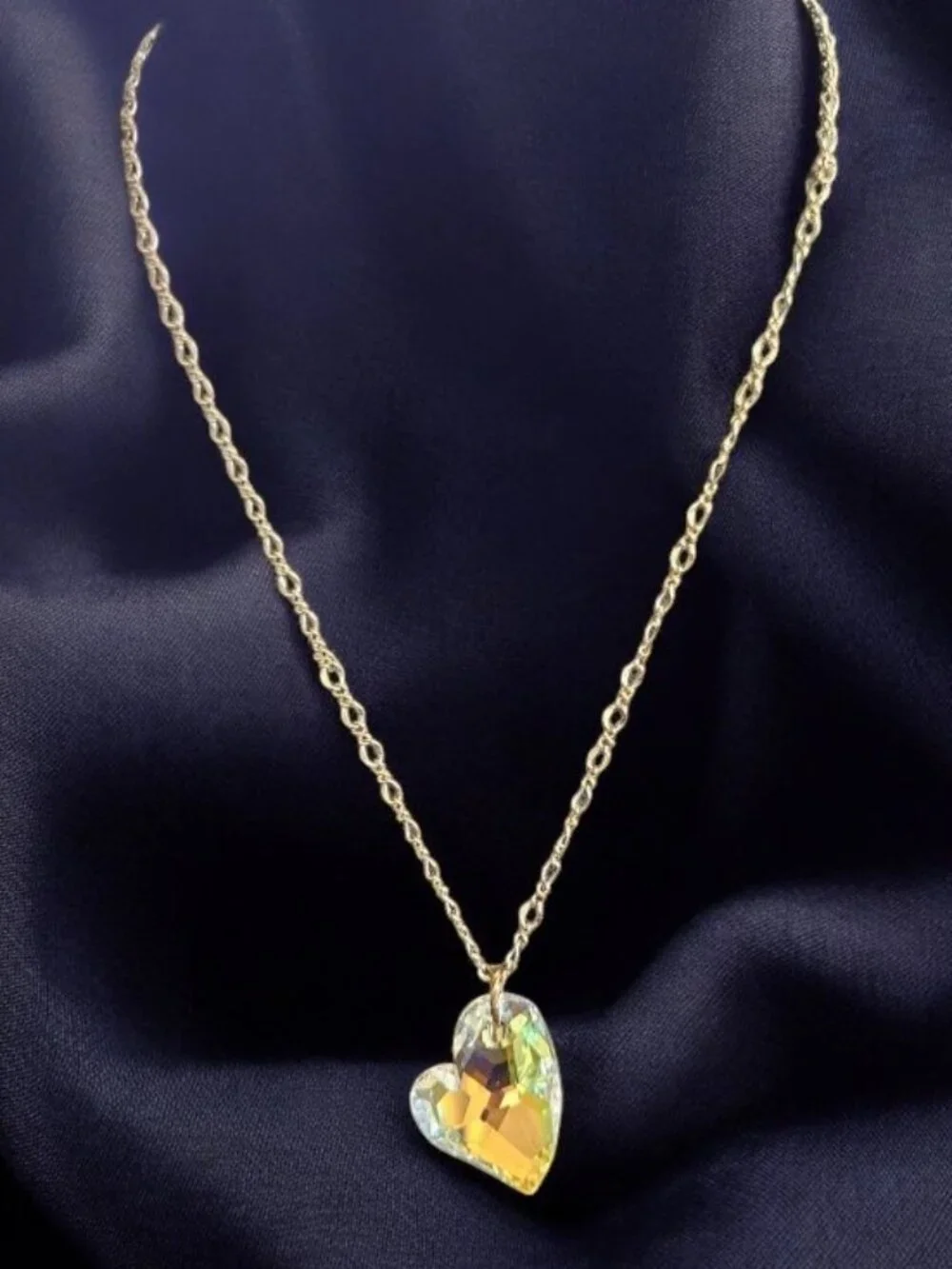Vintage Iridescent Crystal Hanging Heart Goldtone Necklace With Back Heart